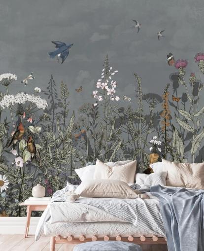 donkere bloemenbehangmuurschildering met vogels voor de slaapkamer