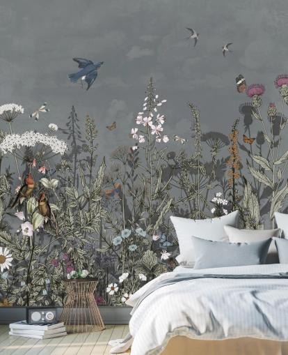 donkere bloemenbehangmuurschildering met vogels voor de slaapkamer