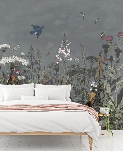 mural de papel de parede floral escuro com pássaros para quarto mural de papel de parede floral escuro com pássaros para quarto