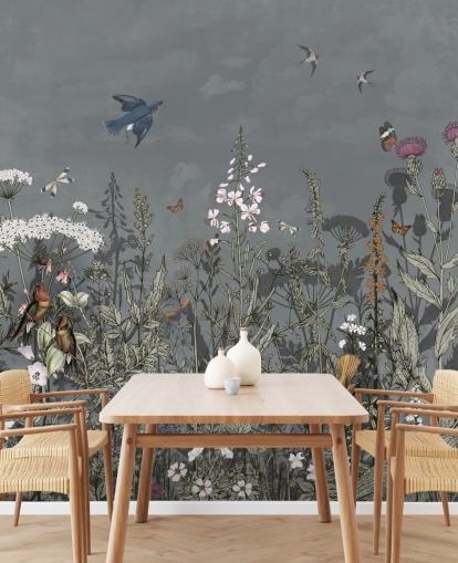 dark floral wallpaper mural with birds for bedroom