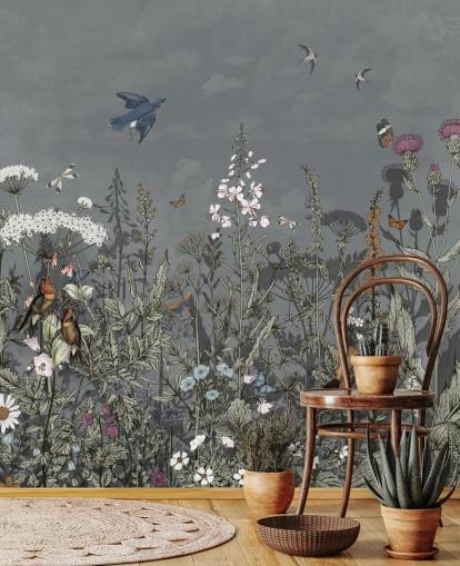 dunkles Blumentapetenwandbild mit Vögel für Schlafzimmer