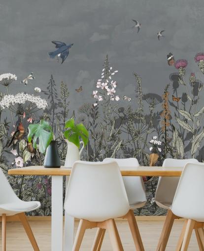 dark floral wallpaper mural with birds for bedroom