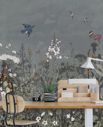 dark floral wallpaper mural with birds for bedroom