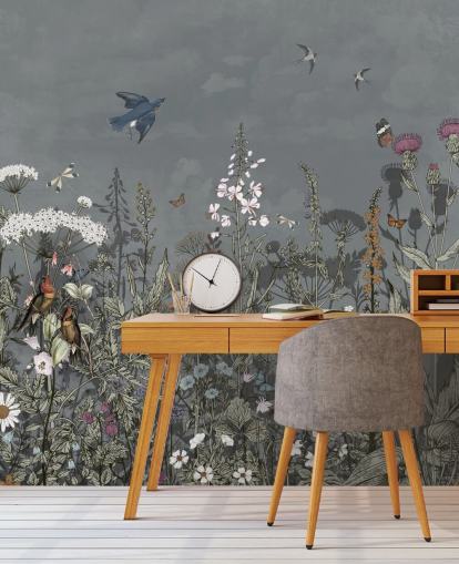 dark floral wallpaper mural with birds for bedroom