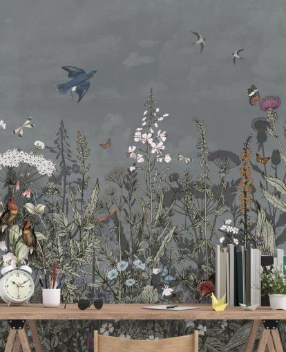 donkere bloemenbehangmuurschildering met vogels voor de slaapkamer