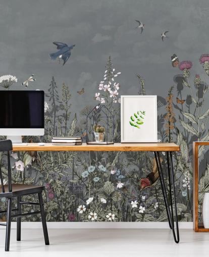 papier peint floral foncé avec oiseaux pour chambre à coucher