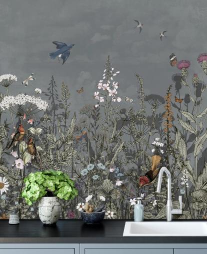 dark floral wallpaper mural with birds for bedroom