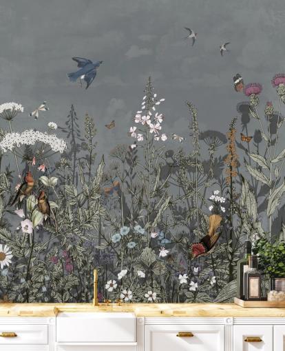 dark floral wallpaper mural with birds for bedroom