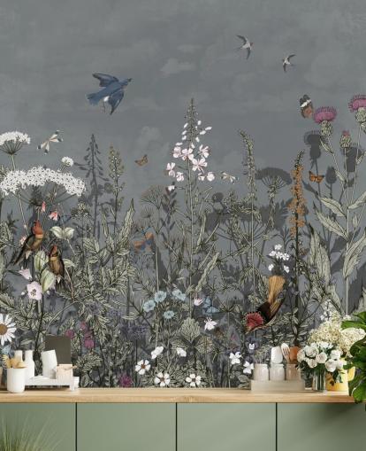 mörk blommig tapet väggmålning med fåglar för sovrummet