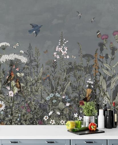 dark floral wallpaper mural with birds for bedroom