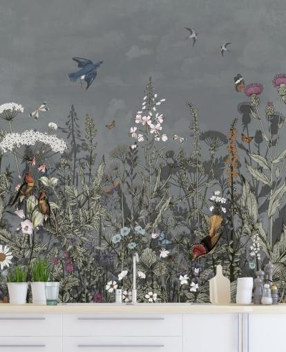 dark floral wallpaper mural with birds for bedroom