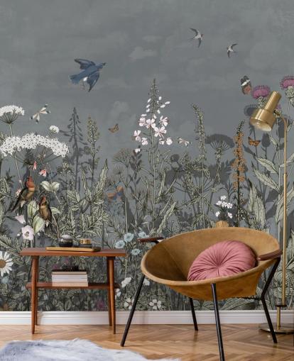 dark floral wallpaper mural with birds for bedroom