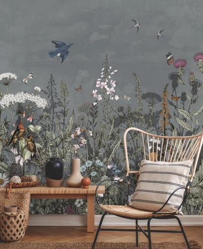 dunkles Blumentapetenwandbild mit Vögel für Schlafzimmer