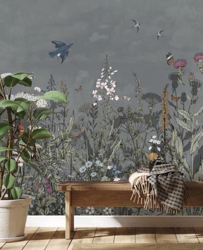 mørkt blomstertapet vægmaleri med fugle til soveværelse