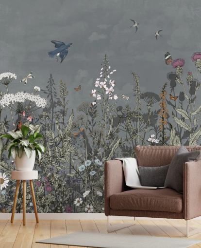 dark floral wallpaper mural with birds for bedroom