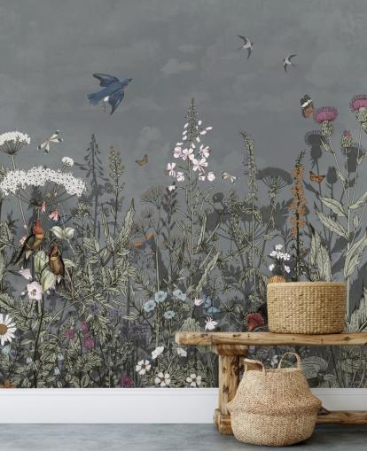 dunkles Blumentapetenwandbild mit Vögel für Schlafzimmer