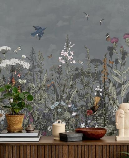 dark floral wallpaper mural with birds for bedroom