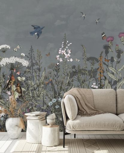 dunkles Blumentapetenwandbild mit Vögel für Schlafzimmer