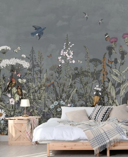 mural de papel de parede floral escuro com pássaros para quarto mural de papel de parede floral escuro com pássaros para quarto