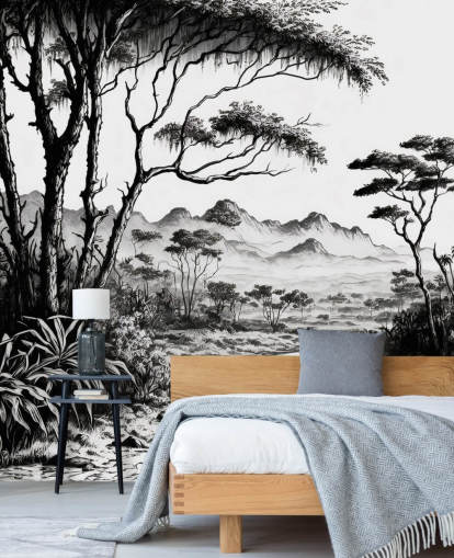 carta da parati in bianco e nero della giungla con fiume e montagne per camera da letto