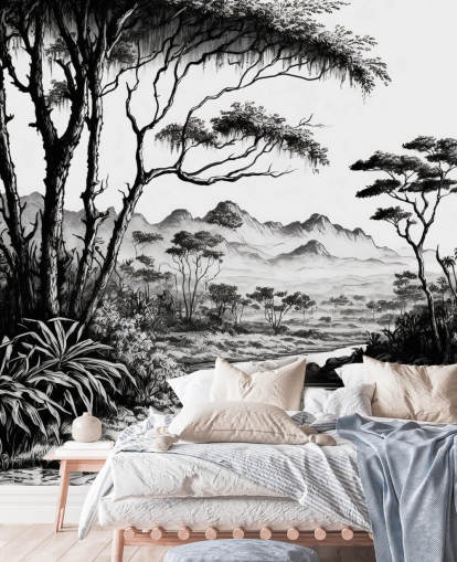 papier peint jungle noir et blanc avec rivière et montagnes pour chambre