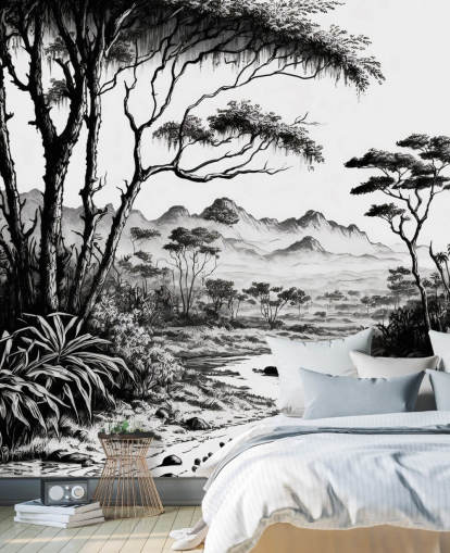 black and white jungle wallpaper with river and mountains for bedroom black and white jungle wallpaper with river and mountains for bedroom