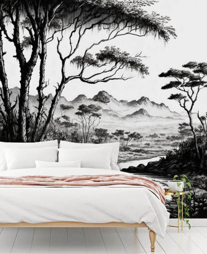 carta da parati in bianco e nero della giungla con fiume e montagne per camera da letto carta da parati in bianco e nero della giungla con fiume e montagne per camera da letto