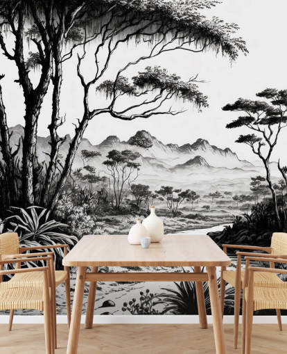 black and white jungle wallpaper with river and mountains for bedroom