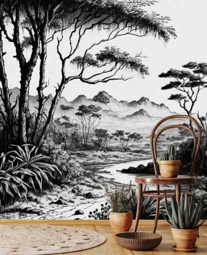 papel pintado de jungla en blanco y negro con río y montañas para dormitorio