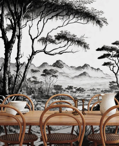 black and white jungle wallpaper with river and mountains for bedroom