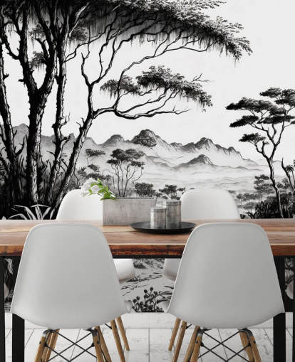 black and white jungle wallpaper with river and mountains for bedroom