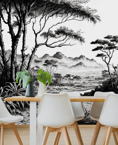 black and white jungle wallpaper with river and mountains for bedroom black and white jungle wallpaper with river and mountains for bedroom