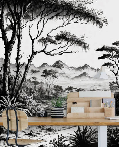 papel pintado de jungla en blanco y negro con río y montañas para dormitorio papel pintado de jungla en blanco y negro con río y montañas para dormitorio