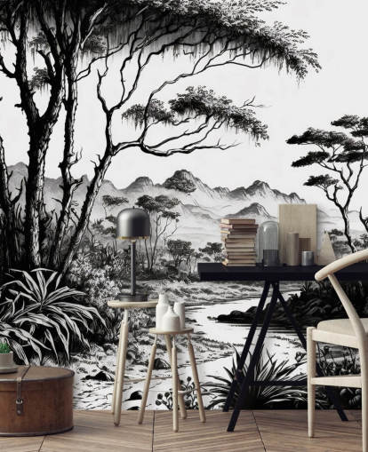 black and white jungle wallpaper with river and mountains for bedroom