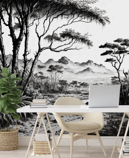 black and white jungle wallpaper with river and mountains for bedroom