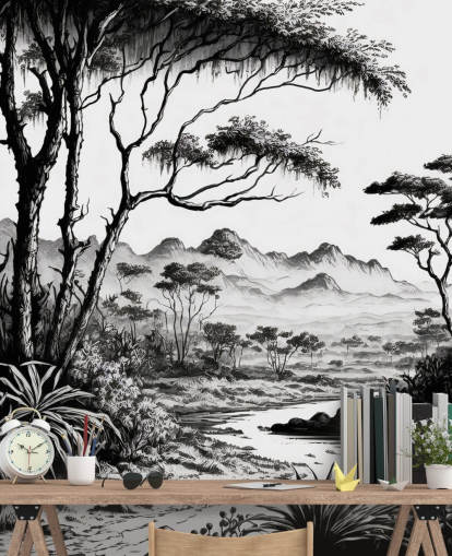 papel pintado de jungla en blanco y negro con río y montañas para dormitorio