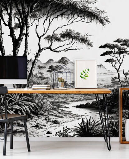 papel pintado de jungla en blanco y negro con río y montañas para dormitorio