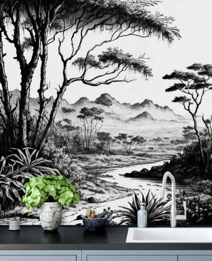 papier peint jungle noir et blanc avec rivière et montagnes pour chambre