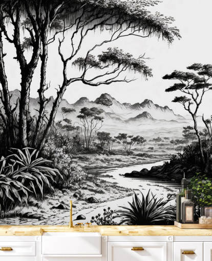 papel pintado de jungla en blanco y negro con río y montañas para dormitorio