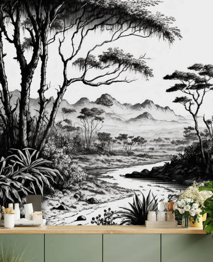 papel pintado de jungla en blanco y negro con río y montañas para dormitorio