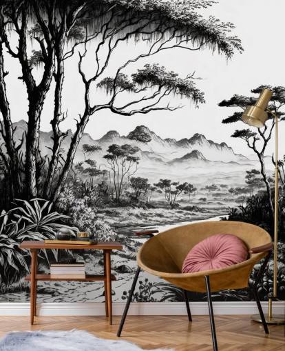 papier peint jungle noir et blanc avec rivière et montagnes pour chambre