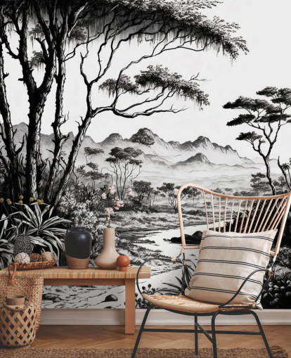 papel de parede preto e branco da selva com rio e montanhas para quarto