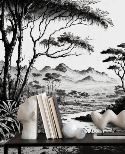 papel de parede preto e branco da selva com rio e montanhas para quarto