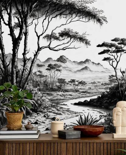 black and white jungle wallpaper with river and mountains for bedroom black and white jungle wallpaper with river and mountains for bedroom