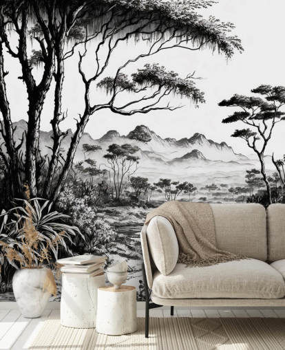 papel pintado de jungla en blanco y negro con río y montañas para dormitorio