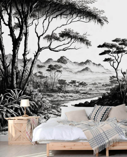 zwart-wit junglebehang met rivier en bergen voor slaapkamer zwart-wit junglebehang met rivier en bergen voor slaapkamer