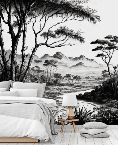 papel de parede preto e branco da selva com rio e montanhas para quarto papel de parede preto e branco da selva com rio e montanhas para quarto