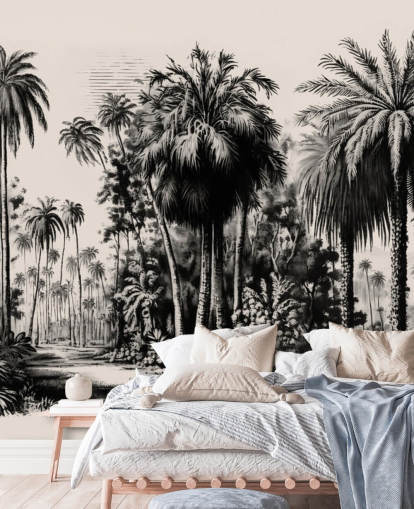 mural de papel pintado de jungla en blanco y negro para dormitorio