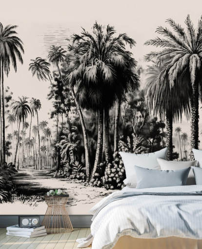 mural de papel pintado de jungla en blanco y negro para dormitorio