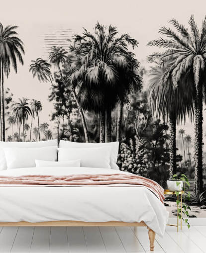 zwart-witte jungle behangmuurschildering voor slaapkamer